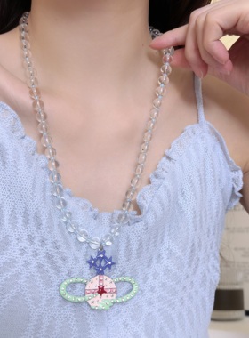 彩色滴釉爱心土星吊坠白色水晶串珠项链女小众时尚高端复古锁骨链