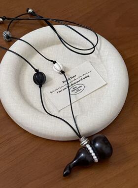 天然黑檀木葫芦吊坠编织绳抽拉项链新中式气质百搭高级感毛衣链