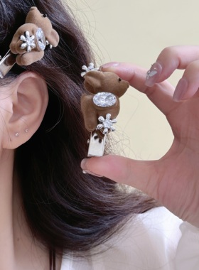 秋冬可爱卡通植绒麋鹿锆石花朵发饰项链耳饰直播爆款长款毛衣链