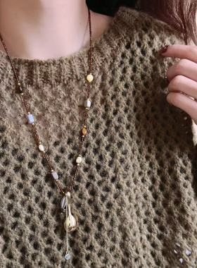 金色小勺子流苏长款串珠项链女小众秋冬时尚轻奢气质百搭毛衣链