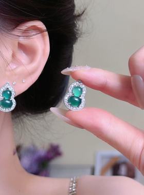 新中式天然玉髓绿色小葫芦项链戒指耳钉女小众时尚轻奢配饰套装