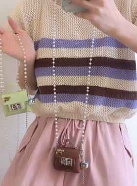 彩色皮革迷你包包kt猫吊坠放耳机口红长款珍珠项链锁骨链斜跨链包