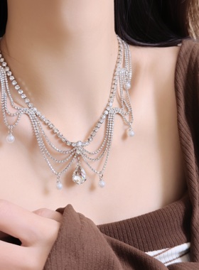 超闪水滴闪钻流苏多层叠戴项链女法式轻奢精致宴会晚礼服颈链配饰