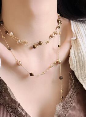 美拉德虎眼石珍珠叠戴项链女爆款百搭轻奢高级感长款毛衣链锁骨链