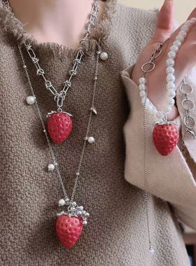 红色立体草莓耳钉项链女甜美可爱气质百搭发夹锁骨链戒指耳饰配饰