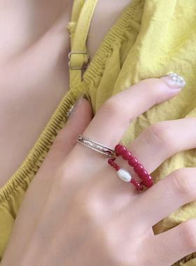 法式复古浪漫拉丝花朵珍珠戒指女轻奢高级感气质百搭开口食指戒