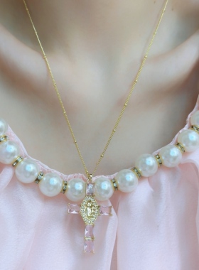 甜美少女金色粉水晶十字架吊坠项链女超仙精致轻奢百搭锁骨链颈链