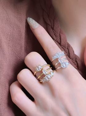 日韩错落方糖锆石戒指女小众时尚精致简约时尚潮流可调节指环戒子