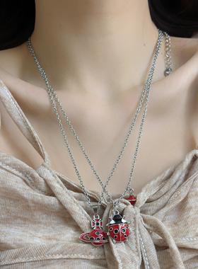 红色滴釉土星七星瓢虫吊坠项链耳钉女个性时尚小众百搭耳环锁骨链