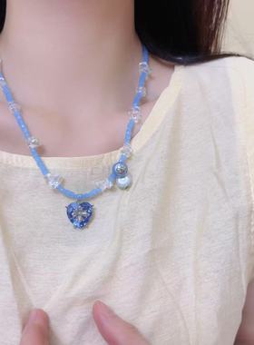 蓝色锆石爱心十字架水晶串珠项链女小众个性甜酷少女百搭锁骨链
