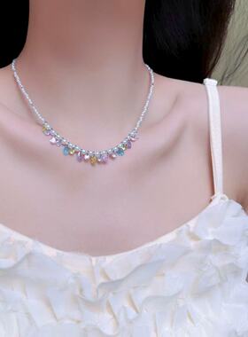 彩色多巴胺水滴锆石珍珠项链女精致时尚轻奢甜美气质百搭锁骨链