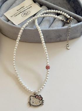 甜美可爱满钻猫咪蝴蝶结吊坠珍珠项链女小众时尚精致百搭锁骨链潮