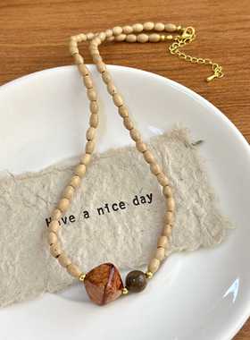 棕色手工立体方块虎眼石串珠木质