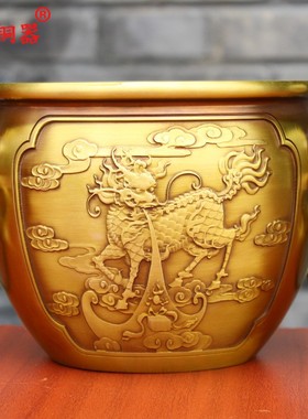 黄铜双狮带环麒麟桌面摆件故宫缸