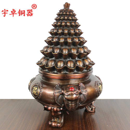 宇卓铜器纯铜黄铜三足元宝聚宝盆工艺品开盖五路财神聚宝盆 - 图3