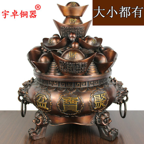 宇卓铜器纯铜黄铜三足元宝聚宝盆工艺品开盖五路财神聚宝盆 - 图0