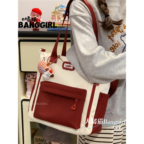 秋冬大容量通勤单肩包简约撞色复古多用手提斜挎包学生上课补习包 - 图2