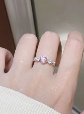 爱心仿猫眼石戒指女款甜美可爱ins小众设计感轻奢可调节指环