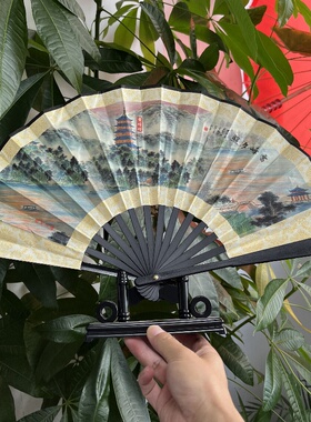 8寸黑骨折扇杭州特产西湖折扇工艺扇男扇雷峰塔三潭印月西湖十景