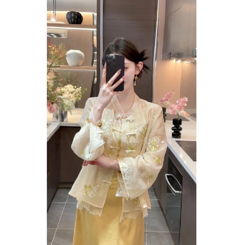 大码胖mm新中式国风蕾丝盘扣刺绣上衣外套吊带裙女气质旗袍裙套装 - 图0