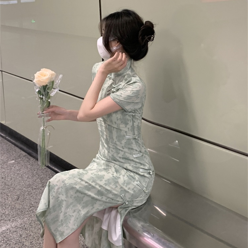 大码女装夏季新款纯欲复古立领绿色碎花旗袍连衣裙胖mm改良中长裙 - 图2