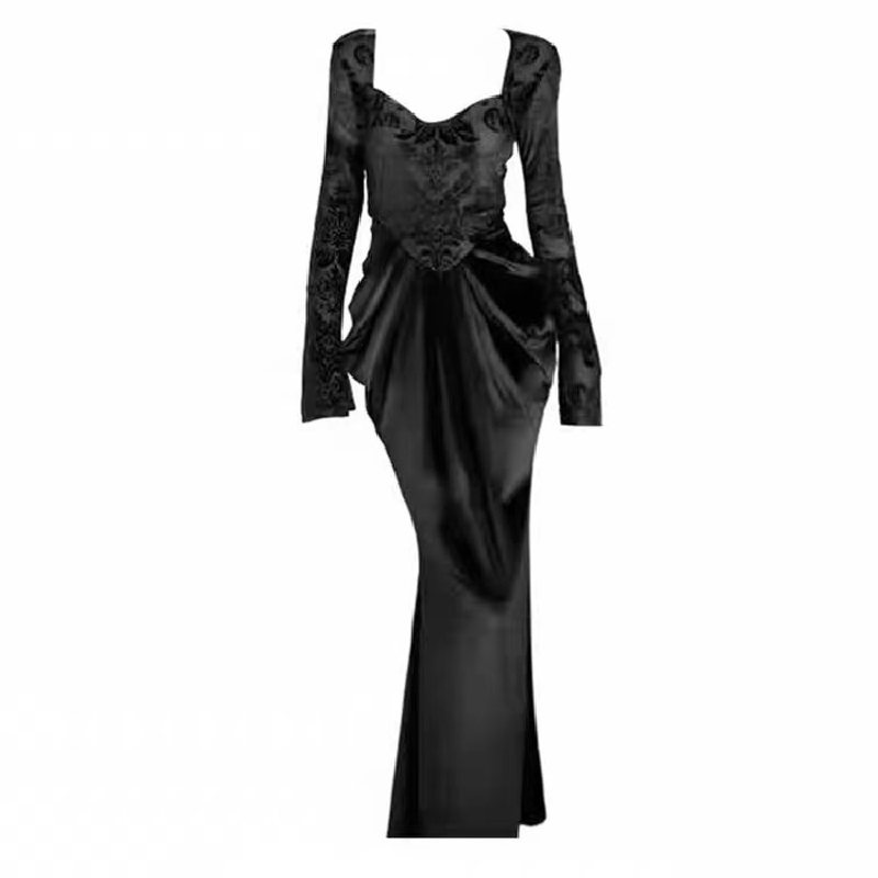 大码胖mm纯欲复古高级感方领收腰黑色丝绒连衣裙女秋冬显瘦鱼尾裙,淘宝优惠券,粉丝福利购,淘宝优惠卷