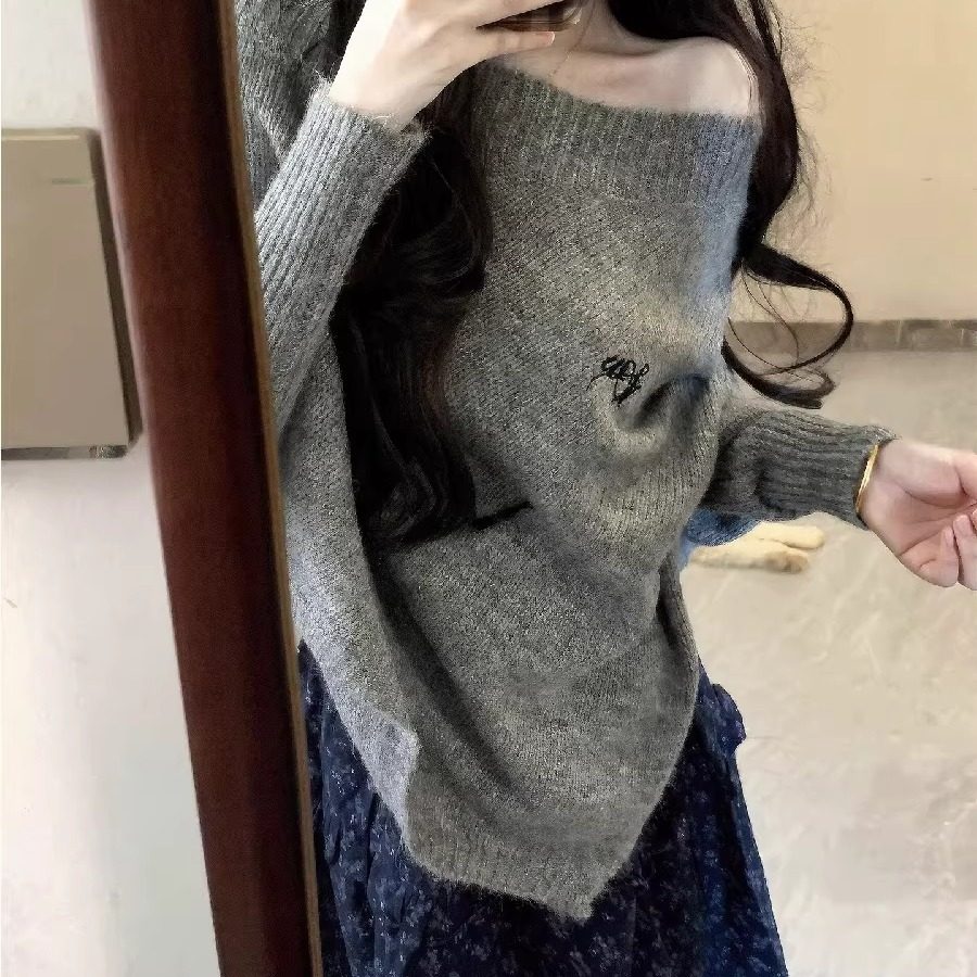 大码胖mm纯欲温柔风灰色一字肩针织衫毛衣碎花半身裙女秋冬两件套,淘宝优惠券,粉丝福利购,淘宝优惠卷