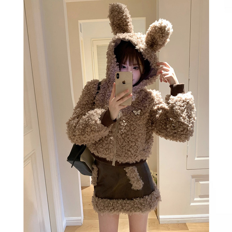 大码胖mm奶系可爱兔耳朵连帽羊羔毛绒外套半身裙女秋冬辣妹两件套,淘宝优惠券,粉丝福利购,淘宝优惠卷
