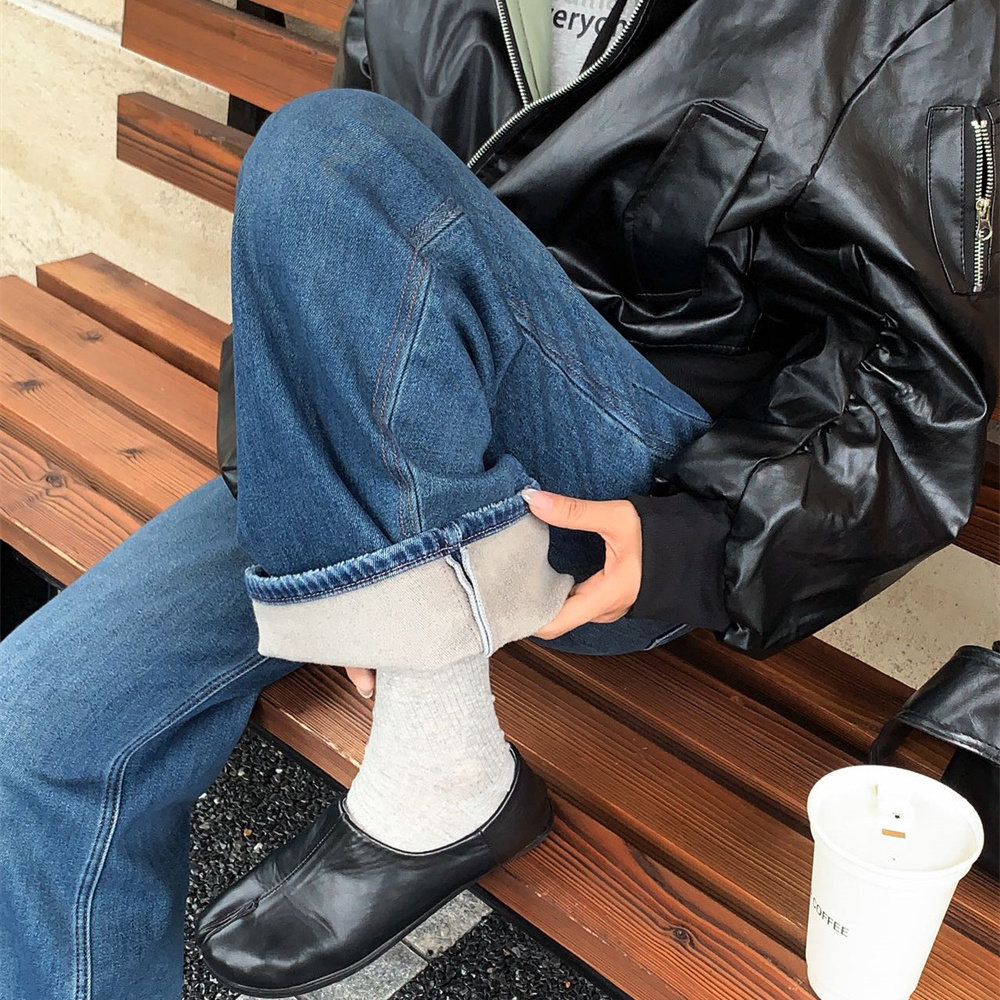 十米菲86320新品2025冬款简洁时尚宽松拖地窄版植绒牛仔阔腿裤,淘宝优惠券,粉丝福利购,淘宝优惠卷