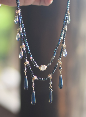 帝慕卿手作盈梦璎珞渐变蓝黑色璎珞汉服项链清冷风璎珞长水滴吊坠