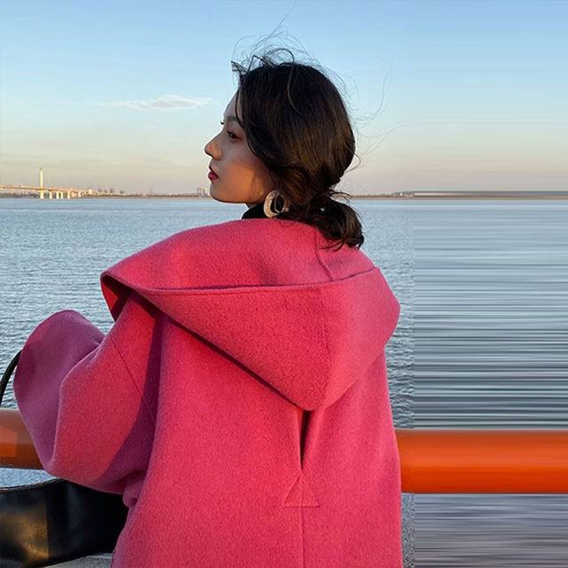 Rose red double-sided woolen coat for women 2022 autumn and winter new Korean style hooded woolen coat mid-length