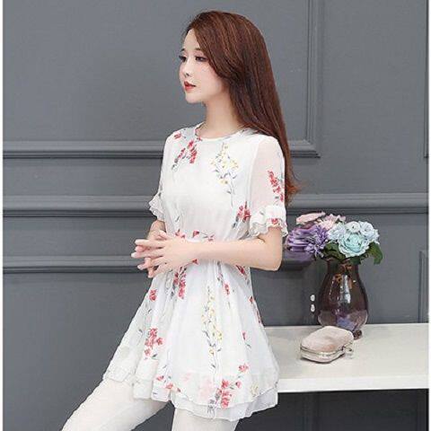 ເສື້ອຢືດແຟຊັນແຂນສັ້ນ floral chiffon ສໍາລັບແມ່ຍິງ Xia Xin plus size fat sister's wear mid-length chiffon top