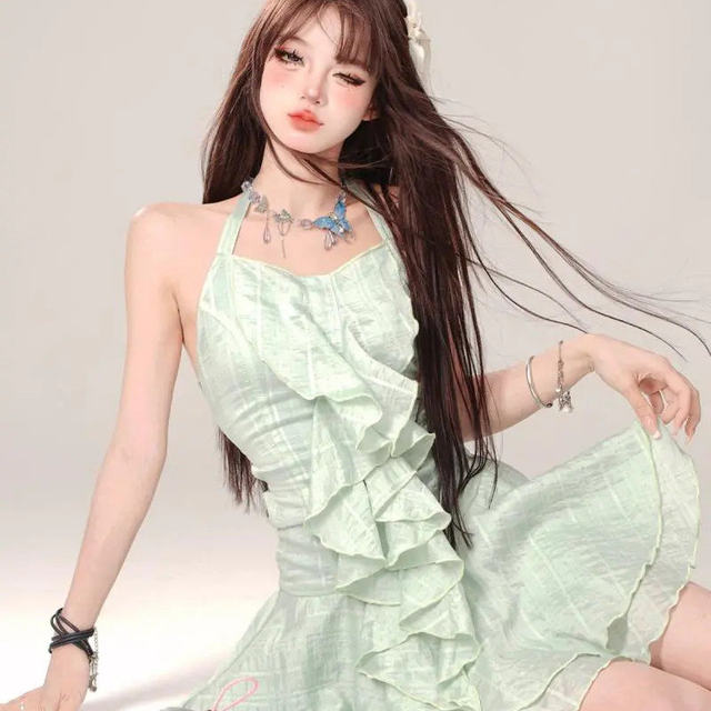 Mint Mambo Green Halter Dress ແມ່ຍິງ Summer Sleeveless Sleeveless Backless Puff Skirt Slimming Short Skirt