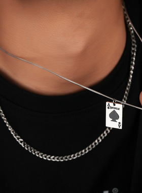 扑克牌黑桃A项链男钛钢 小众个性不锈钢双层古巴项链潮女嘻哈项饰