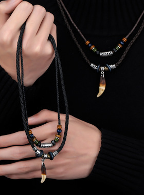 狼牙双层叠戴项链男新款民族风时尚个性设计首饰女高级百搭饰品潮