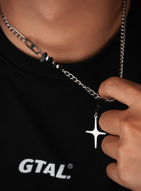 四芒星十字项链男钛钢不掉色嘻哈潮流小众设计百搭毛衣链女饰品