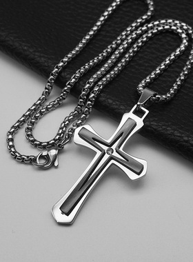 欧美项链朋克十字架吊坠镶钻钛钢
