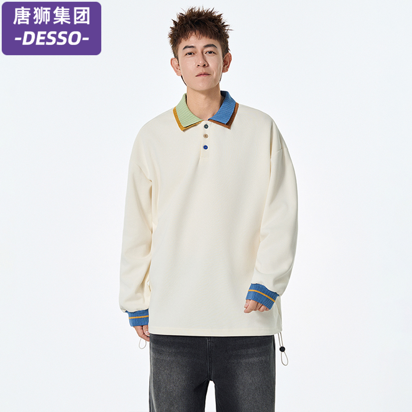 唐狮集团DESSO美式复古撞色拼接长袖T恤男春秋款潮牌宽松卫衣男女 - 图2
