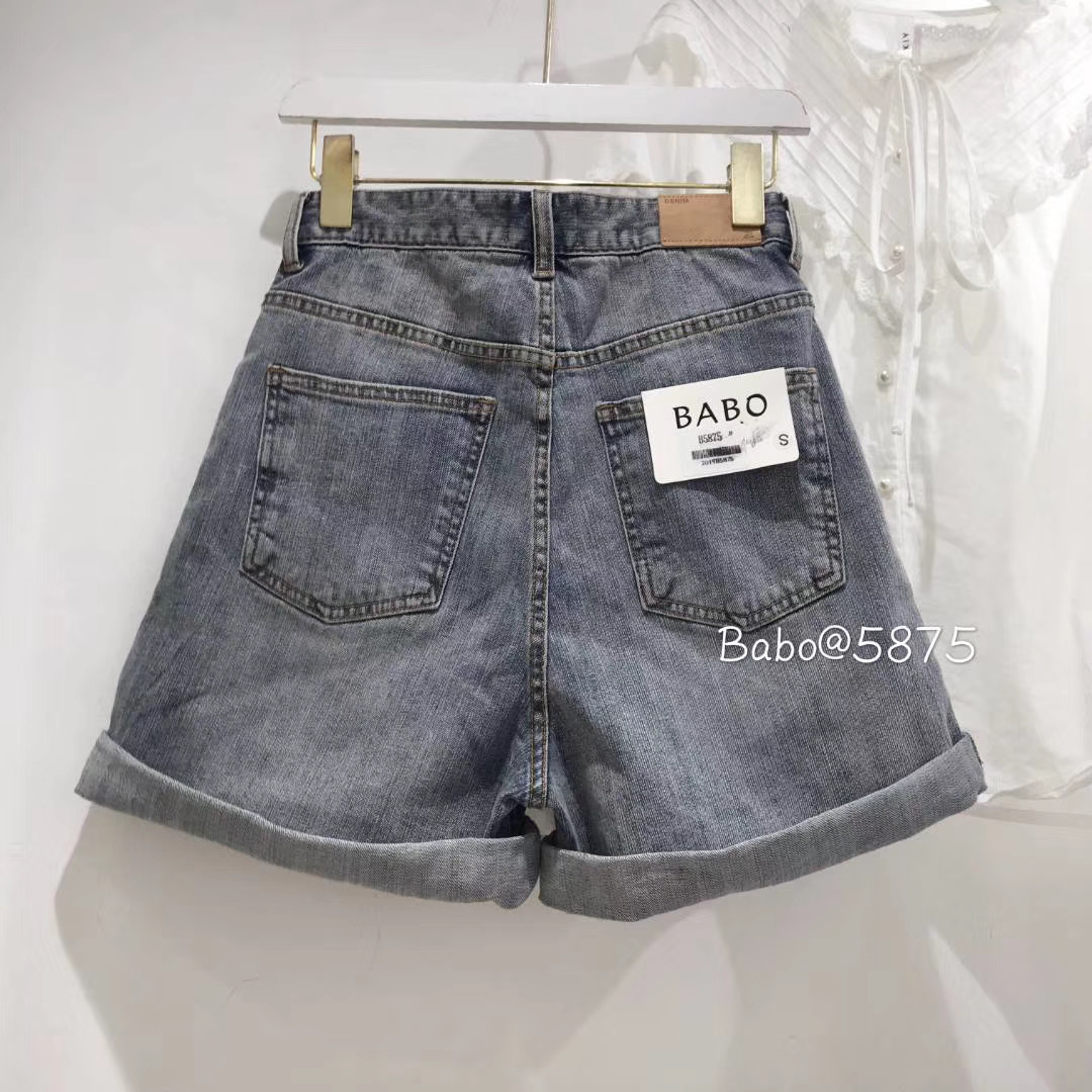 小木棉 正品女装babo巴布牛仔裤春夏新品复古显瘦高腰卷边4分裤A字短裤女58750