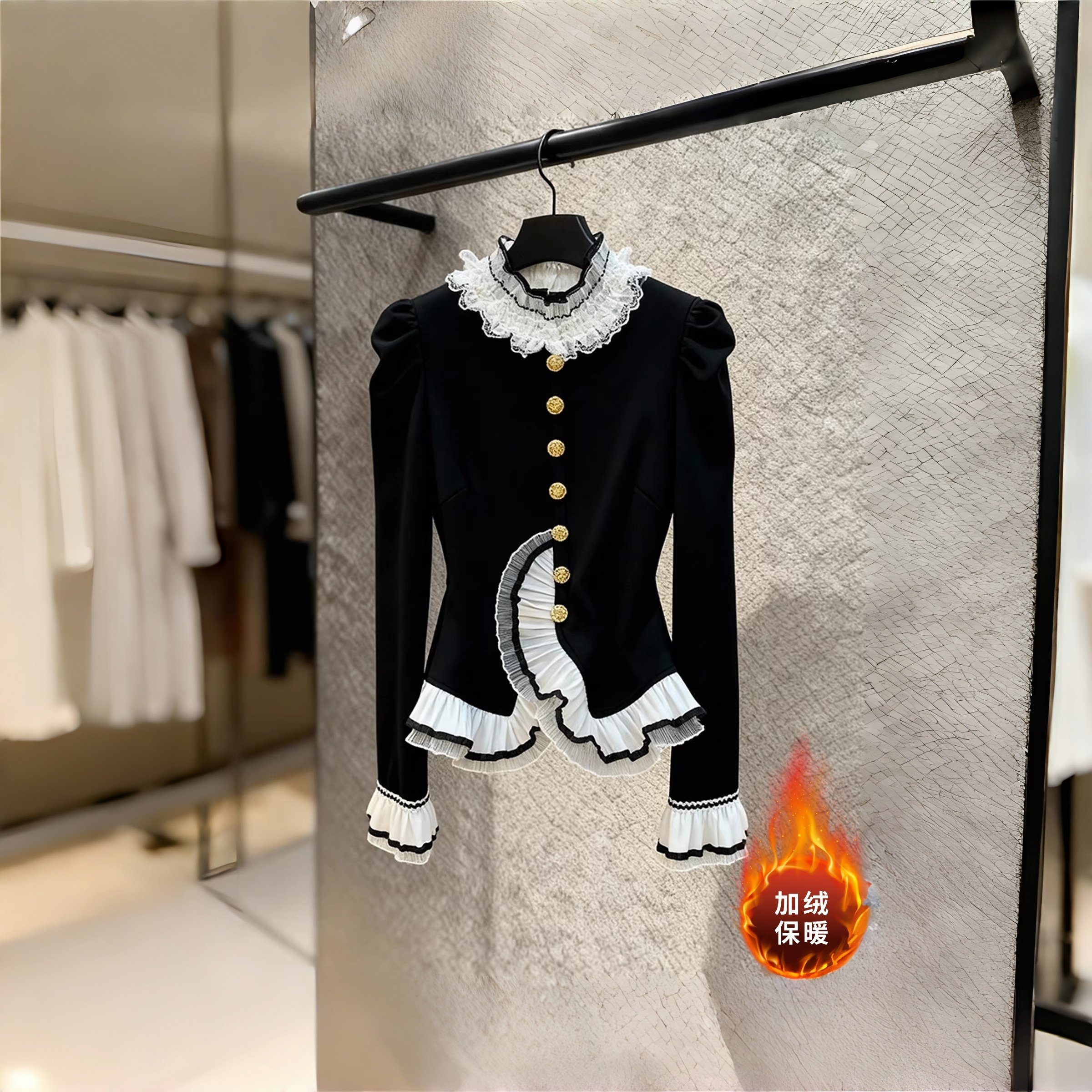 2026新年法式立领荷叶边衬衫女长袖蕾丝拼接撞色轻熟加绒保暖上衣,淘宝优惠券,粉丝福利购,淘宝优惠卷