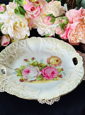 西洋古董 老欧洲 1920s 全手绘玫瑰花卉双耳蛋糕盘 现货
