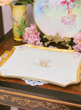 西洋古董limoges利摩日黄釉杯底手绘粉玫瑰阔口宽金杯碟托盘 现货