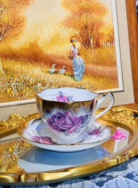 西洋古董 Queen anne 重金彩色花卉签名八角立座骨瓷红茶杯碟现货