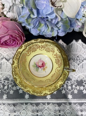 西洋古董 paragon黄釉杯底小玫瑰金蕾丝阔口鎏金骨瓷咖啡杯碟现货