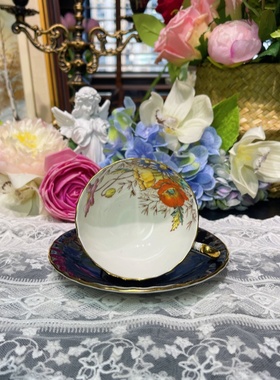 西洋古董 aynsley 黑釉杯内珐琅彩彩色花卉阔口鎏金骨瓷杯碟 现货