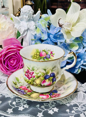 西洋古董 paragon 全手绘花卉水果微浮雕鎏金骨瓷咖啡杯碟 现货