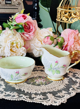 西洋古董 paragon 1960s 绿色内釉粉色玫瑰花壶糖奶 杯碟套系现货