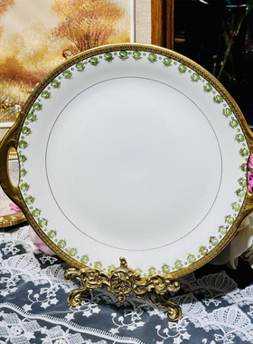 西洋古董 limoges 全手绘绿宝石花环重金咖啡壶杯碟双耳盘 现货