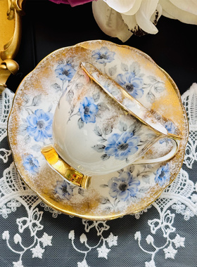 西洋古董 royal albert 重金蓝色花卉立座骨瓷咖啡杯碟 现货