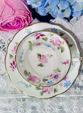 西洋古董 foley 全手绘玫瑰花卉鎏金花口骨瓷咖啡杯碟 现货